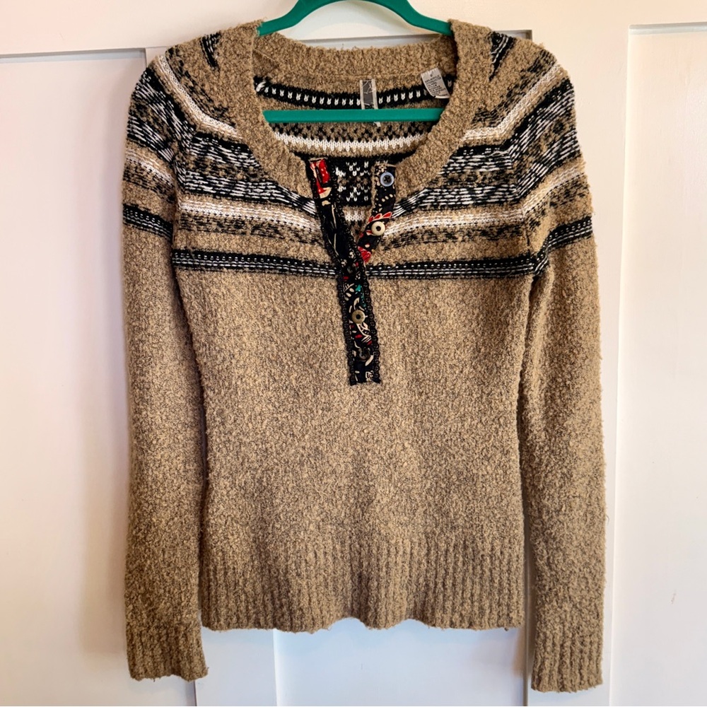 BKE Boho Tan Sweater with Patterned Accents